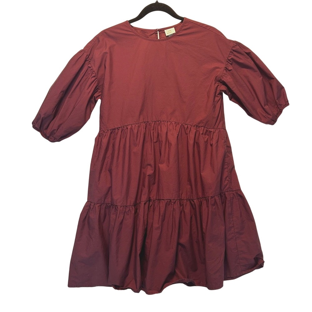 A New Day Burgundy maroon wine Cotton Short puff Sleeve tiered Oversize Dress xs